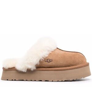 UGG Women’s Chestnut Suede Shearling Clog Slippers with White Fur